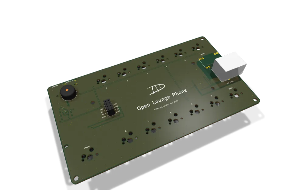 Board v0.2 from above at an angle: the twelve key positions, the hook key, the display socket, the piezo ringer and the RJ45 jack at the right edge