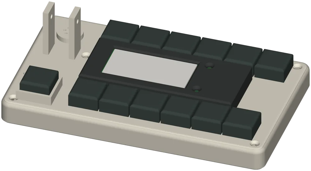 The printed prototype box with twelve keycaps, the hook key at the left and the e-paper display between the rows