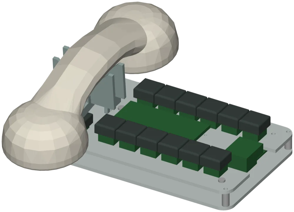 A laser-cut acrylic desk phone: two clear plates with the board between them, twelve keys, and a handset lying in a hinged cradle