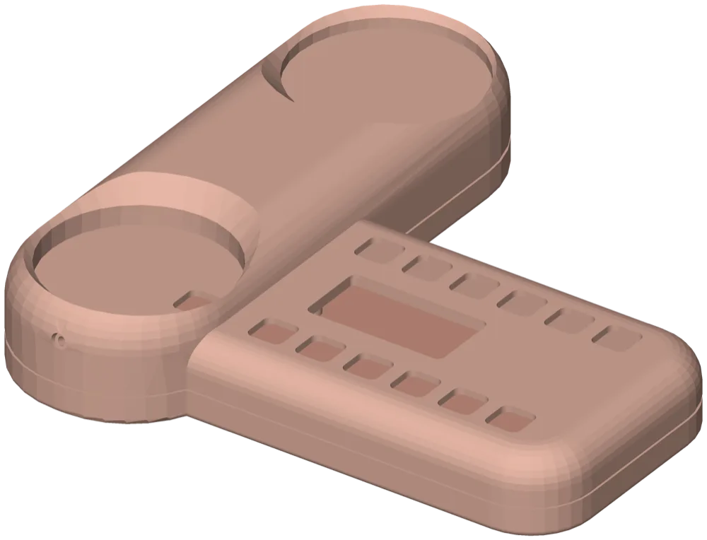 A rounded cushion-like printed case with a cradle for the handset beside the keys