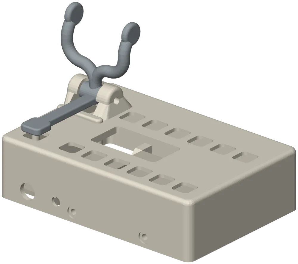 A wall phone faceplate with a forked switchhook on a pivot over the hook key