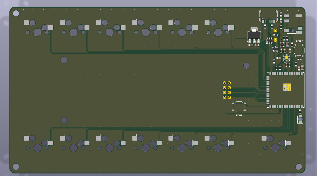 Bottom of the board with the ESP32-S3 module, audio codec, voltage regulator and USB-C port