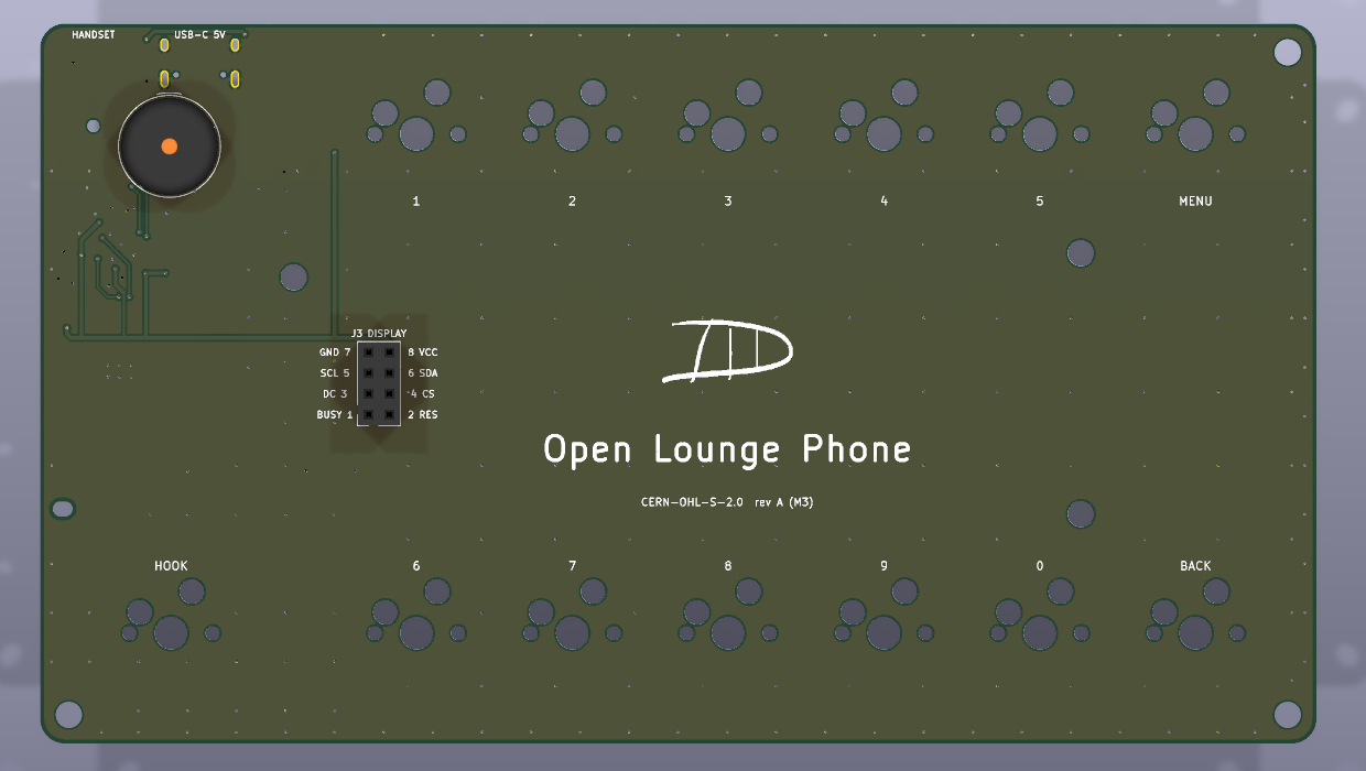 Top of the board: twelve key positions in two rows, a hook switch, the 2x4 display socket, the handset and USB-C edge, and the Open Lounge Phone signature