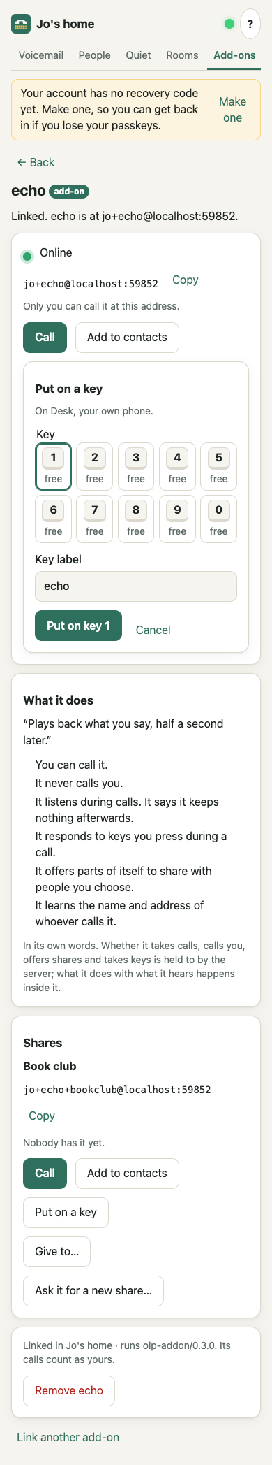 An add-on just linked: its page with Put on a key ready