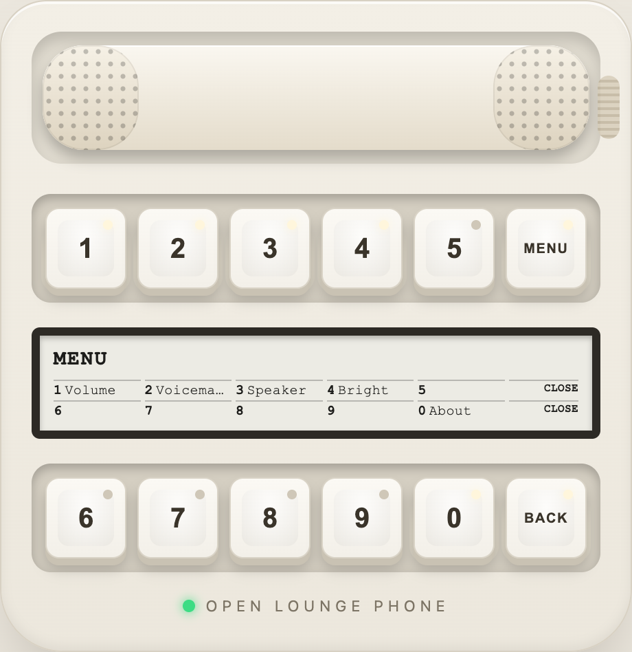The browser emulator of the phone: twelve keys, a handset and a small e-ink status strip showing the menu